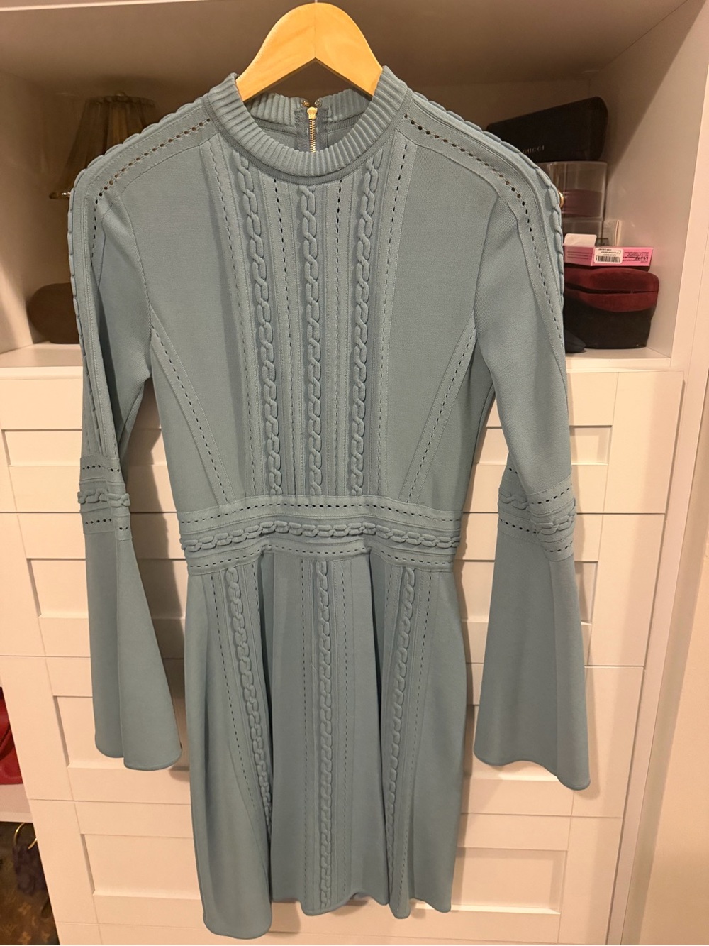 Elie Saab Powder Blue Long-Sleeve Knit Dress with Flared Cuffs